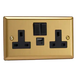 Varilight 2-Gang 13A Switched Socket & USB A+C Brushed Brass