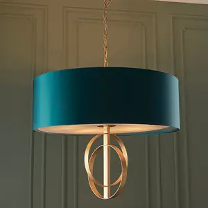 Antique Gold Ceiling Pendant Light & Teal Satin Shade - 5 Bulb Hanging Fitting