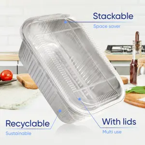 10 Pk Coppice Strong Aluminium Foil Oven Tray with Plastic Lid 20 x 13 x 7cm. Freezer, Microwave & Oven Safe