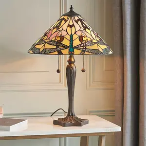 Tiffany Glass Table Lamp Light Dark Bronze & Rich Cream Dragonfly Shade i00169