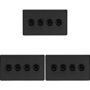 3 PACK 4 Gang Quad Retro Toggle Light Switch SCREWLESS MATT BLACK 10A 2 Way