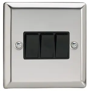 Varilight 3-Gang 10A 1- or 2-Way Rocker Switch Chrome