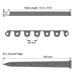 Grey Lawn Edging Border - 10 m / 33 ft Long Flexible Plastic Garden Edging & 20 Securing Pegs - Easy to Cut and Shape (55mm High)