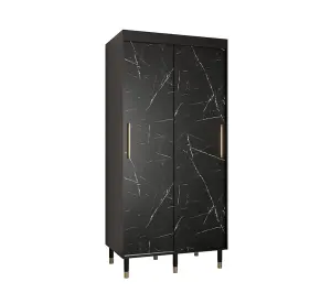 Bergen Contemporary 2 Sliding Door Wardrobe Gold Handles Marble Effect 5 Shelves 2 Rails Black (H)2080mm (W)1000mm (D)620mm