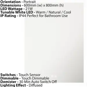 600 x 800mm IP44 LED Bathroom Mirror & Demister - Tunable White Diffused Border