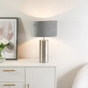 ValueLights Lexy Brushed Chrome Touch Table Lamp with Grey Velvet Shade