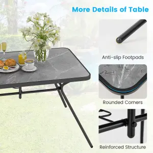 Costway Patio Rectangle Dining Table Outdoor Table w/ Umbrella Hole Marble-Like Tabletop