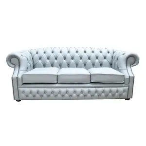 Chesterfield 3 Seater Sofa Moon Mist Grey Leather In Buckingham Style