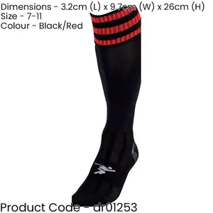 ADULT Size 7-11 Pro 3 Stripe Football Socks - BLACK/RED - Contoured Ankle