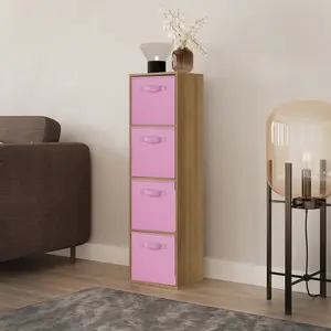 URBNLIVING 106cm Height Distressed Wood 4-Tier Cube Shelving Unit with Light Pink Inserts