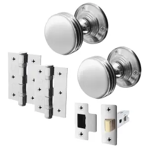 AFIT Lined Door Knob Set Polished Chrome - 1 Pair of Mortice Knobs (55mm), Latch (76mm) & Hinges (76mm) for Internal Doors