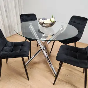 Round Chrome Metal and Clear Glass Dining Table and 4 Black Tufted Velvet Chairs Kitchen Dining Set