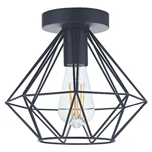 Industrial Basket Cage Designed Matt Black Metal Semi Flush Ceiling Light