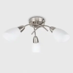 ValueLights Barine 3 Way Brushed Chrome Curved Arm Ceiling Light with Frosted Glass Shades