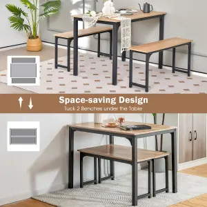 Costway 3 PCS Dining Table Set Space-Saving Kitchen Table Set w/2 Benches