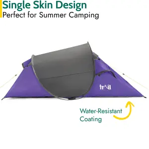 2 Man Pop Up Tent Lightweight Portable Camping Festival Shelter Single Skin Trail - Purple