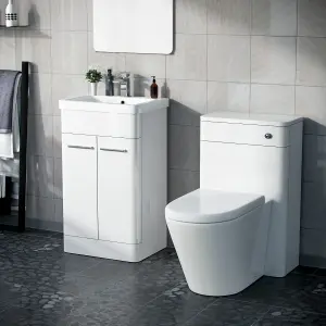 Nes Home Afern 500mm Vanity Unit, WC Unit And Round BTW Toilet Gloss White