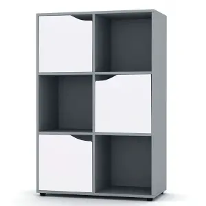 URBNLIVING 6 Cube Grey Wooden Bookcase Shelving Display Shelves Storage Unit Wood Shelf White Door