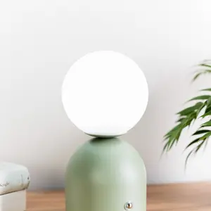 ValueLights Marlow Rechargeable Touch Button Table Lamp with Opal Globe Lampshade - Sage Green