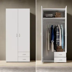 BASE Timeless Hinged 2 Door Wardrobe in White - Classic Design with Ample Storage - W81cm x H176cm x D51cm