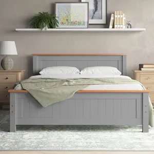 Aubrey Solid Wood Low Profile Bed Frame with Mattress Grey / 19cm Double Memory Foam / Kingsize (5')