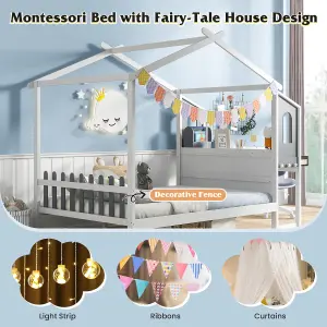 COSTWAY Double Size Wooden Kids House Bed Frame with Desk