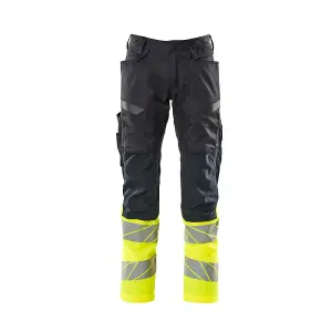 Mascot Accelerate Safe Trousers with Kneepad Pockets - Dark Navy/Hi-Vis Yellow   (40.5) (Leg Length - Regular)