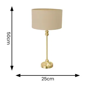 ValueLights Maggie Gold Metal Candlestick Slim Table Lamp with Natural Fabric Drum Lamp Shade and LED Bulb