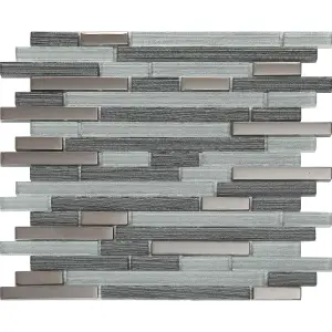 Foxe Grey muretto Gloss Glass effect Flat Glass & stainless steel Mosaic tile sheet, (L)300mm (W)300mm