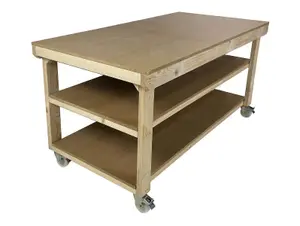 Workbench MDF top, large heavy-duty table (H-90cm, D-120cm, L-120cm) with wheels and double shelf