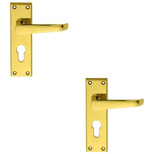 2 PACK - Straight Victorian Latch & EURO Lock Door Handle Polished Brass Lever Backplate