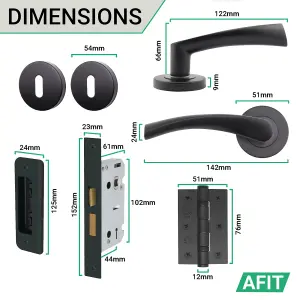 AFIT Matt Black Key Lock Door Handle Set Round Internal Door Handles, Sash Lock, Hinges (76mm) & 2 Escutcheons Novi Range