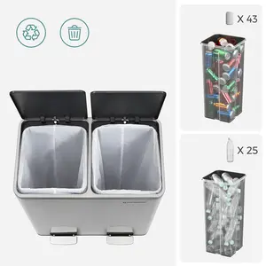 Steel Step On Multi-Compartment Rubbish & Recycling Bin Silver / 60L