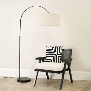 ValueLights Louis Black Arched Curved Floor Lamp with Cream Boucle Drum Lamp Shade and LED Bulb