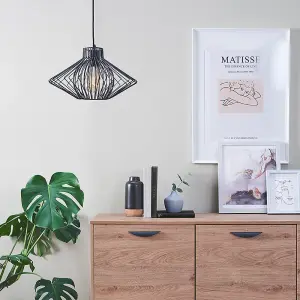 ValueLights Black Ceiling Pendant Light Fitting With Black Disperse Geometric Design Wire Shade With Light Bulb In Warm White