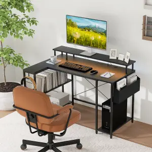 COSTWAY L-Shaped Gaming Desk with LED Lights 120 cm Computer Desk with Monitor Stand