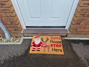 Natural Coir 60cm x 40cm heavy duty doormats with rubber base with humorous message (santa please stop)