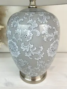 Grey Floral Ceramic Table Lamp with Plain Shade