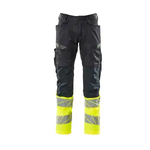 Mascot Accelerate Safe Trousers with Kneepad Pockets - Dark Navy/Hi-Vis Yellow   (38.5) (Leg Length - Regular)