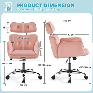 Yaheetech Velvet Desk Chair with Adjustable Headrest - Pink