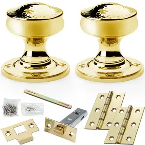 Mortice Door Knob & Latch Pack - Polished Brass - 50mm Hammered Georgian On Round Rose