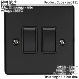 2 Gang Double Light Switch MATT BLACK 2 Way 10A Black Trim & Metal Rocker