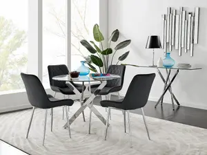 Furniturebox UK Novara Chrome Metal Round Glass Dining Table And 4 Black Pesaro Silver Leg Chairs