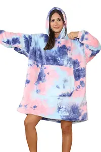 MS9 Women's Oversized Hoodie Wearable Blanket Hoodie Top With Sherpa Lining Pink and Blue