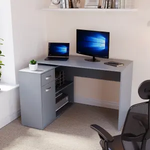 Vida Designs Longton Grey Adjustable L-Shaped Computer Desk with Shelves, Drawer and Door