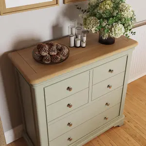 6 Drawer Solid Oak Sage Green Chest Of Drawers Ready Assembled