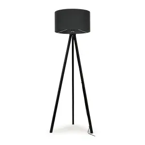 ValueLights Barbro Modern Black Wood Tripod Design Floor Lamp with a Charcoal Grey Drum Shade