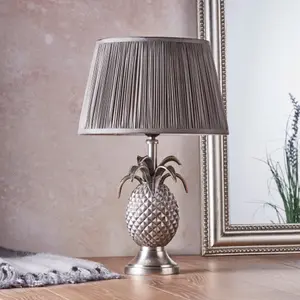 Table Lamp Pewter Plate & Charcoal Grey Silk 60W E27 GLS Base & Shade