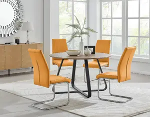 Furniturebox UK Santorini Brown Wood Contemporary Round Round Dining Table And 4 Mustard Lorenzo Chairs Set