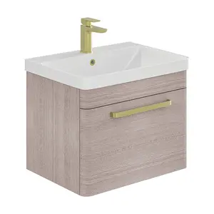 Emery Textured Grey Wall Hung Bathroom Vanity Unit & Basin Set with Gold Handles (W)60cm (H)46cm